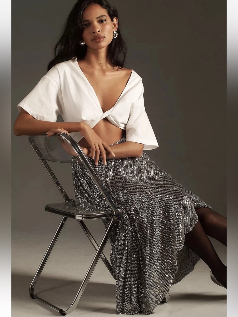 Anthropologie-Delfi Collective-Sequin Twofer Midi Dress, Wht/Blck/Silver, Size M